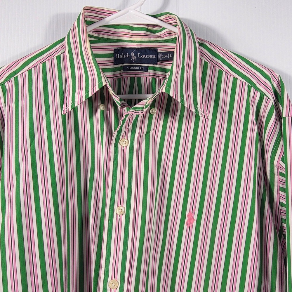Ralph Lauren Classic Fit Striped Shirt Mens 16.5 L Green Pink White Long Sleeve